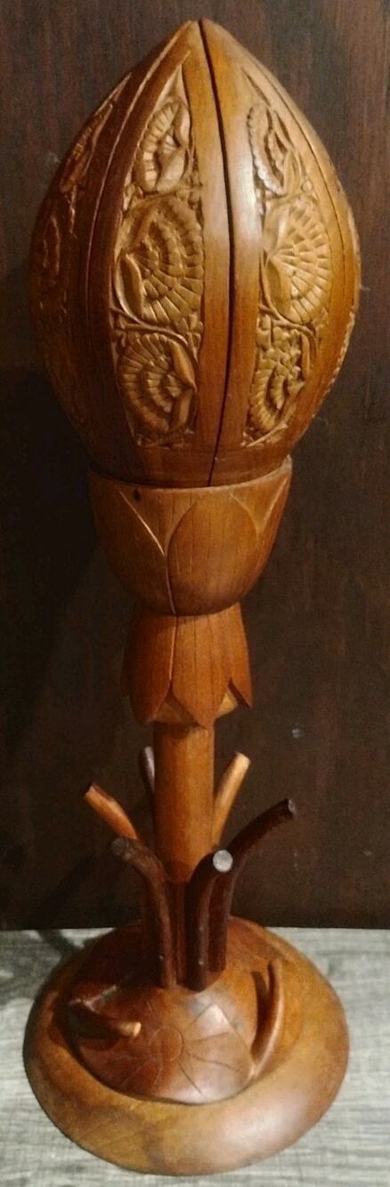 Vintage Articulated Hand Carved Wood Blooming Lotus Flower MCM Decor 14" Floral